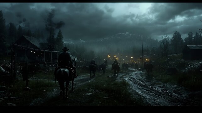 Moody Western Landscape Depicting Cowboys Riding Through Misty Old West Town at Dusk : Generative AI