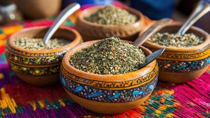 Fototapeta premium Colorful Spices in Traditional Bowls on Textile