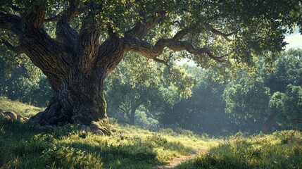 A magnificent ancient tree showcases its gnarled branches and vibrant green leaves, surrounded by a tranquil forest bathed in soft morning light
