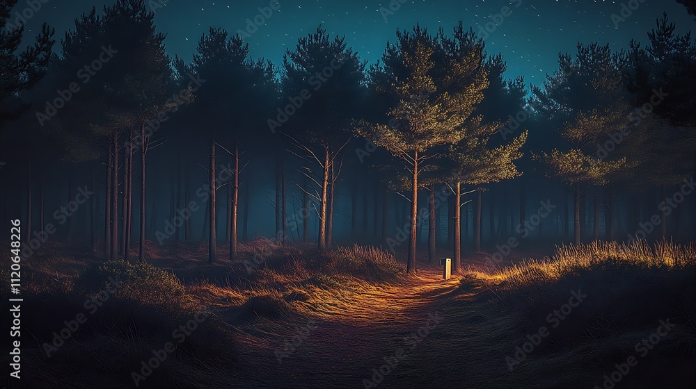 Poster Enchanting Pine Forest Under Starry Sky with Warm Light and Mysterious Atmosphere : Generative AI