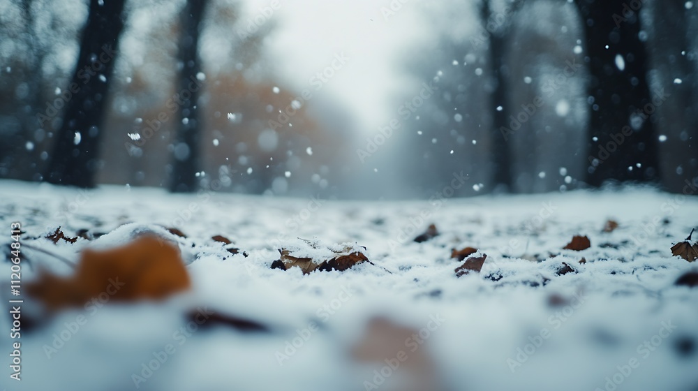Poster peaceful snowcovered autumnal forest scene with falling snow : generative ai
