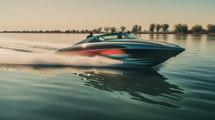 A photo of a modern speedboat pulling a water skies