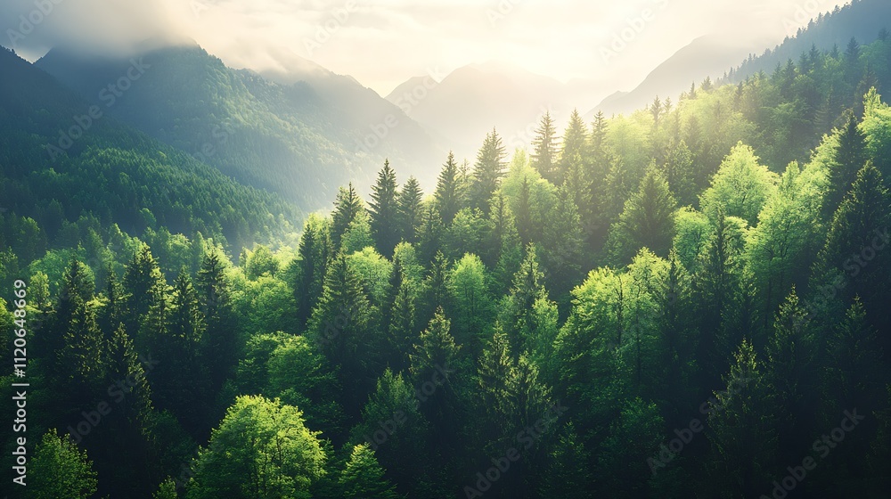 Poster lush green evergreen forest with misty mountains in the background : generative ai