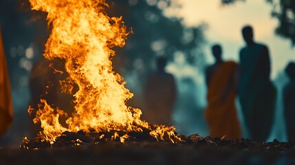 Intense Fire Casting Warm Glow Amidst Silhouettes in a Peaceful Evening Setting : Generative AI