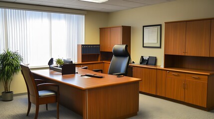 Modern Executive Office with Wood Furniture and Natural Lighting : Generative AI