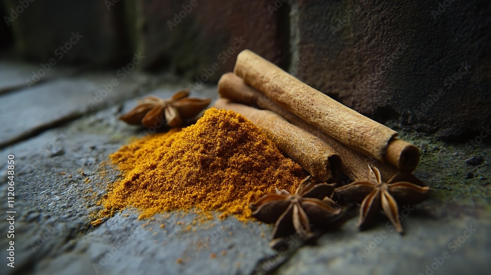 Poster closeup of aromatic cinnamon sticks and star anise with ground spice on rustic surface : generative 