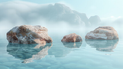 Fototapeta premium Stepping Zen Stones in Tranquil Misty River 