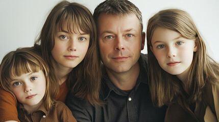 Caucasian family portrait with father and three daughters looking at camera