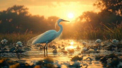 Elegant white heron standing gracefully in serene waters at sunset, surrounded by blooming lilies and reflecting golden sunlight on a tranquil evening