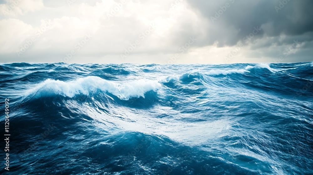 Poster vibrant ocean waves under moody sky and dynamic cloudscape for travel and nature themes : generative