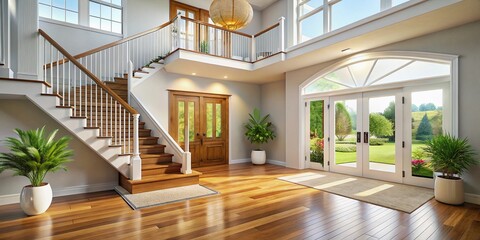 Obraz premium An aerial view highlights a contemporary entrance, showcasing a spacious linen staircase and a breathtaking vaulted ceiling that enhances the overall elegance of the space.