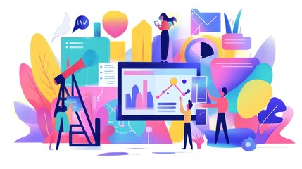 Team collaborating on data analysis and strategic planning, using technology and innovative tools.