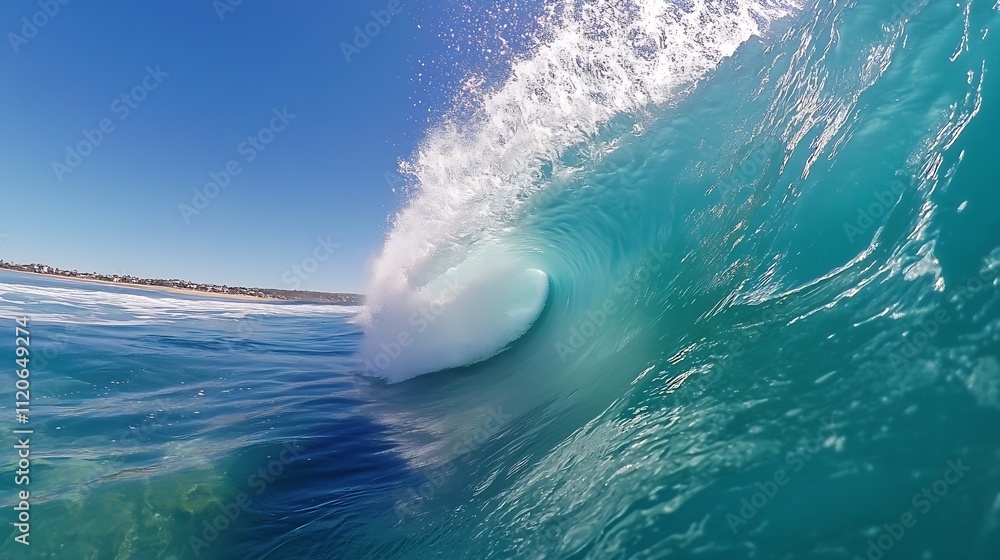 Poster powerful cresting ocean wave in vibrant blue sea captured in high resolution : generative ai