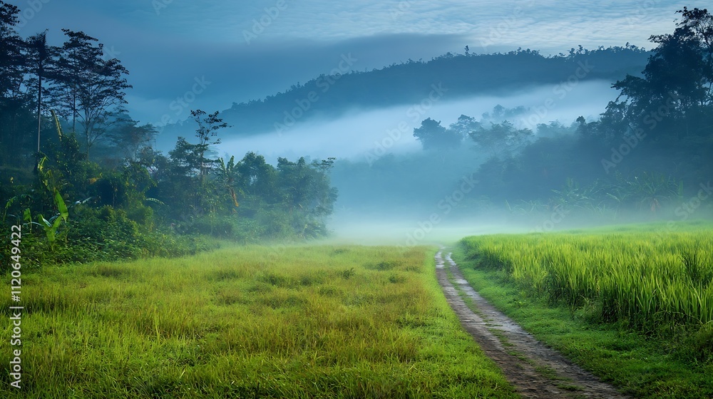 Poster misty countryside pathway through lush green fields and forested hills : generative ai