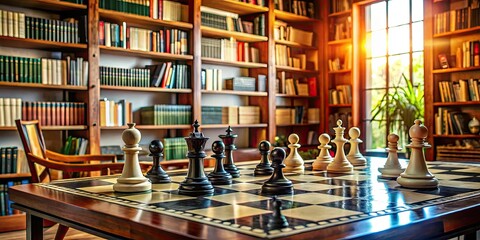 Engaging Library Scene with Chessboard and Study Atmosphere