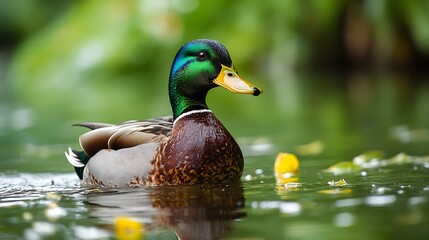 Fototapeta premium Vibrant Male Mallard Duck Swimming in Tranquil Pond Amidst Lush Greenery and Floating Yellow Petals : Generative AI