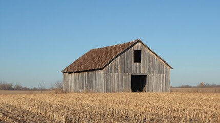 Obraz premium Old Wooden Barn in Autumn Wheat Field Under Bright Blue Sky : Generative AI