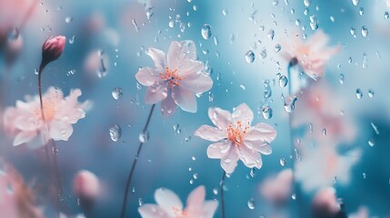 Delicate Pink Cherry Blossoms in the Rain Evoking Serenity and Softness Under a Soft Blue Sky : Generative AI