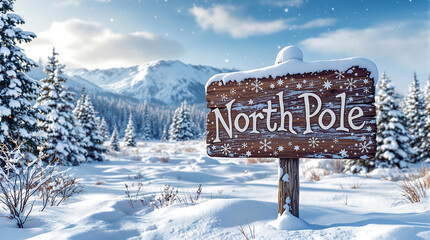  Snow-covered signpost pointing to the North Pole in a winter wonderland with mountains and pine trees, perfect for Christmas cards, holiday travel themes, or evoking the magic of the season.