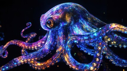 3D holographic octopus with glowing tentacles, black background" 