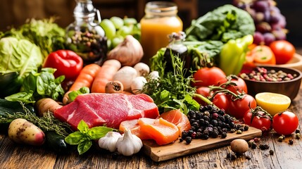 Assorted fresh fruits and vegetables with meats for healthy diet : Generative AI