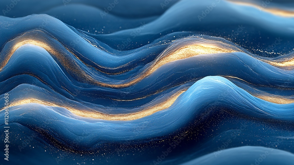Poster Abstract Blue Waves with Golden Particles Creating a Mesmerizing Artistic Flow : Generative AI