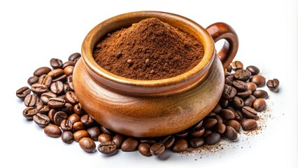 Espresso Coffee Powder Pile Clay Pot Top View High Depth of Field Photo