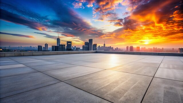 An empty concrete rooftop offers a striking perspective, framed by a vivid sunset cityscape, masterfully captured in enchanting low-light photography.