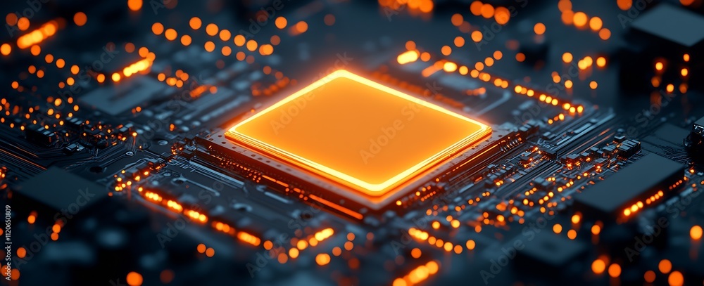 Poster Close Up of a Modern Microchip on a Circuit Board with Glowing Lights Concept of Technology and Innovation : Generative AI