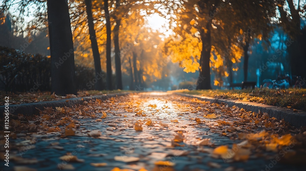 Poster autumn leaves on a scenic cobblestone pathway in soft golden light : generative ai