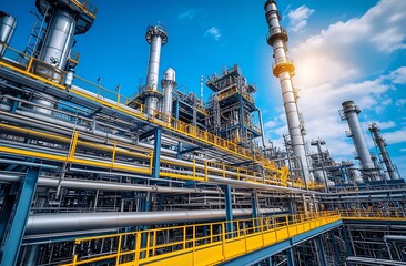 Industrial refinery with gleaming steel structures under a clear blue sky symbolizing modern energy production : Generative AI
