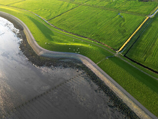 Aerial view of a protective dyke against high sea levels, the Netherlands