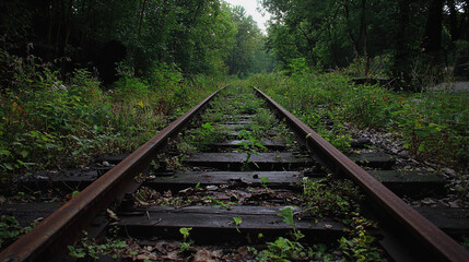 Fototapeta premium The image showcases an overgrown railway track in a dense forested area. The perspective is low to the ground, emphasizing the wooden sleepers covered in moss and weeds, with the rusted metal rails ru