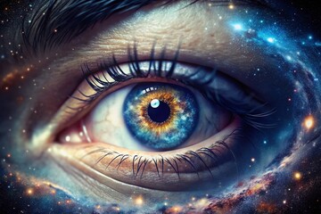 An ethereal portrait featuring an infinite eye filled with a galaxy, representing knowledge, imagination, and cosmic wonder, with ample space for uplifting text.