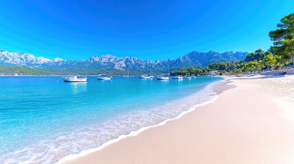 Serene beach with clear waters and distant mountains.