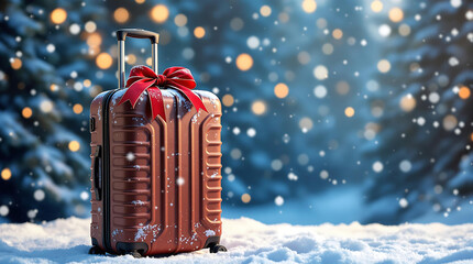  Red suitcase with a festive bow in a snowy winter wonderland, perfect for Christmas travel promotions, holiday getaways, or winter vacation themes.