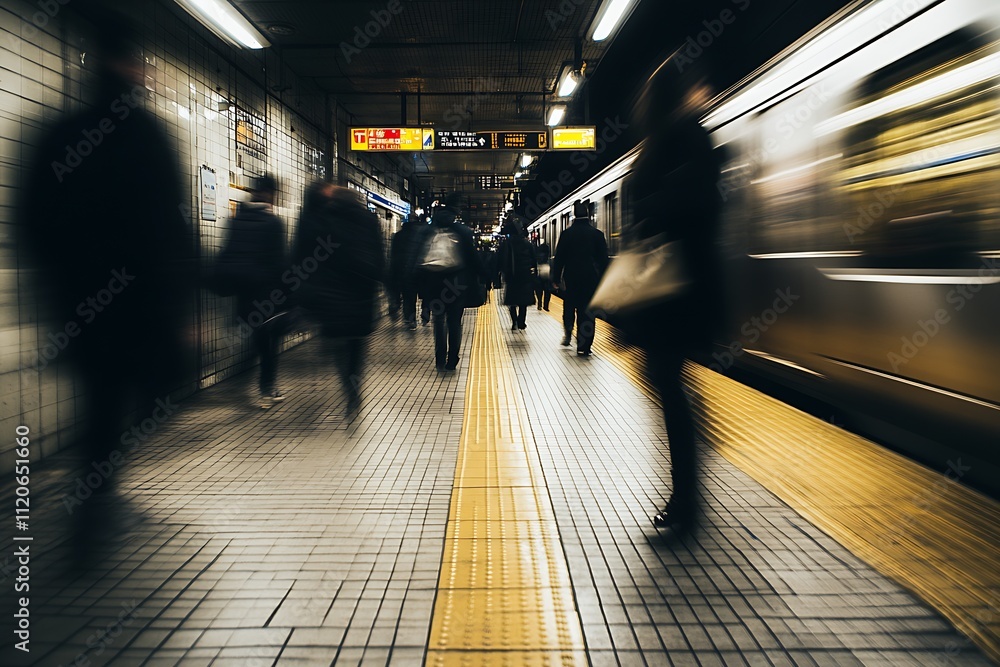 Poster busy city subway platform with commuters in motion blur captured underground : generative ai