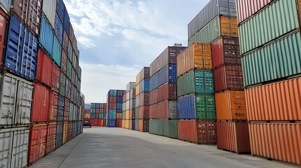 Fototapeta premium Vibrant Shipping Containers Stacked at a Port Terminal with Blue Sky Overhead : Generative AI