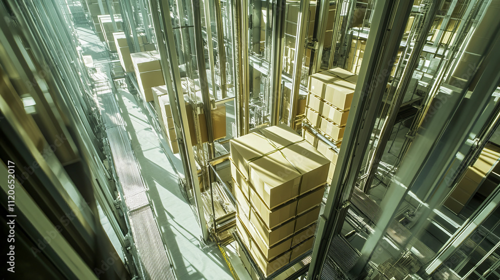 Poster automated warehouse with vertical storage and moving boxes