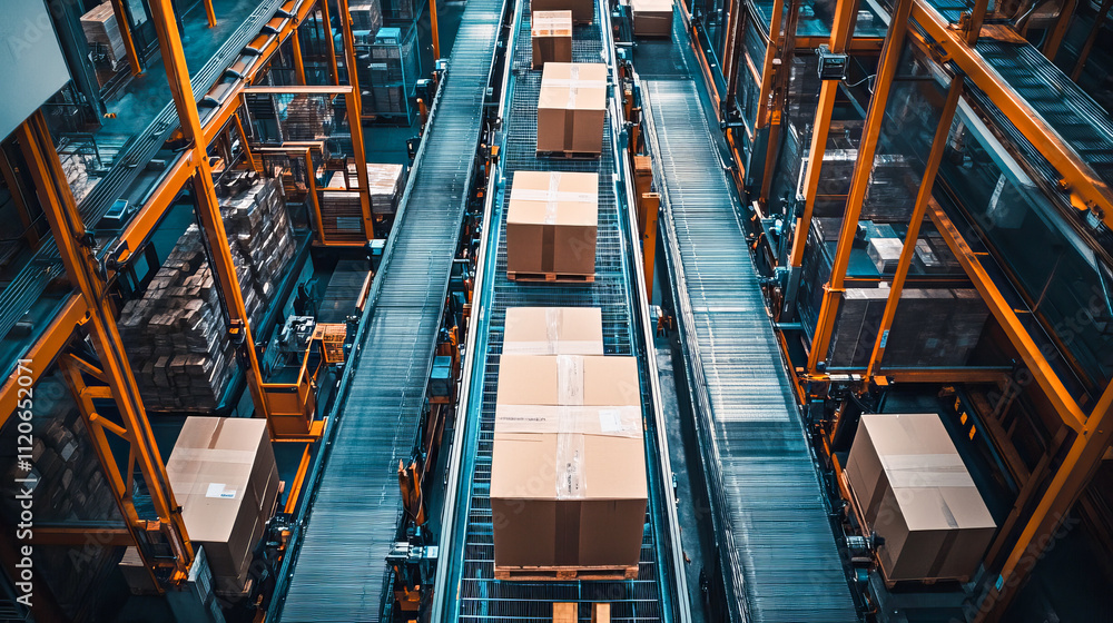 Poster automated conveyor system in modern warehouse with cardboard boxes