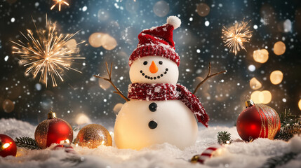 Cozy winter night with a snowman festive decorations and New Year fireworks with space for text 