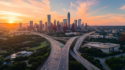 Los Angeles Rush Hour Traffic Jam with Downtown Skyline, Heavy Urban Transportation Scene