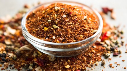 Closeup of Spicy Red Pepper Seasoning in Glass Bowl on Light Surface : Generative AI