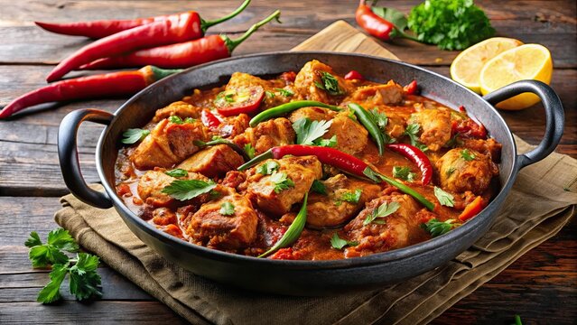 Spicy chicken karahi served in a sizzling hot pan , Pakistani cuisine, traditional, delicious, spicy, appetizing, flavorful, sizzling