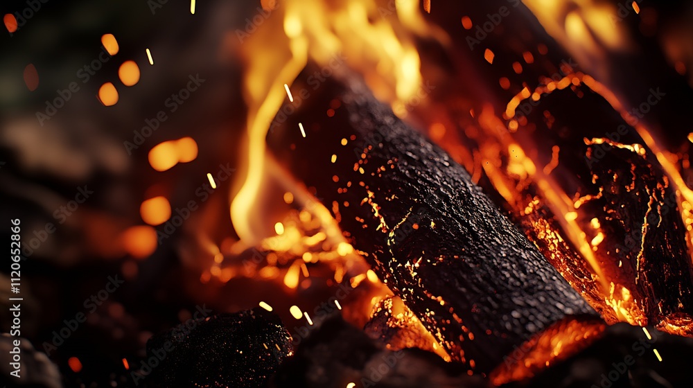 Poster dynamic firewood in lively blaze with intense ember sparks in night campfire : generative ai