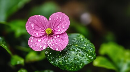 CloseUp of Pink Wildflower with Dew Drops on Leafy Green Background : Generative AI