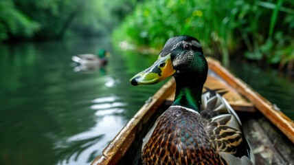 Fototapeta premium Mallard Duck in Wooden Rowboat on Serene River