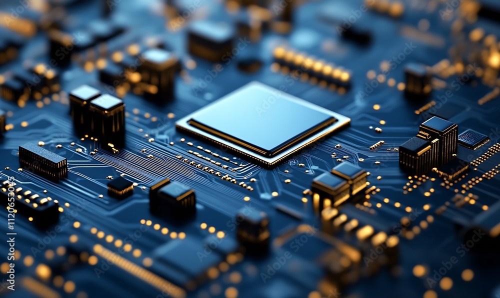 Poster HighTech Blue Circuit Board with Central Microprocessor and Luminescent Paths : Generative AI