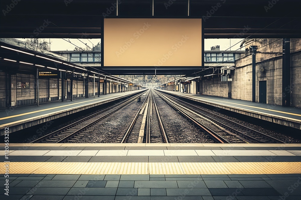 Poster modern train station platform with dual railway tracks and lighting : generative ai