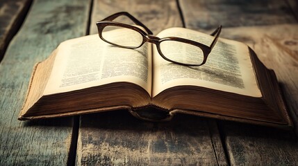 Vintage Reading Glasses on Open Antique Book on Rustic Wooden Table Background : Generative AI